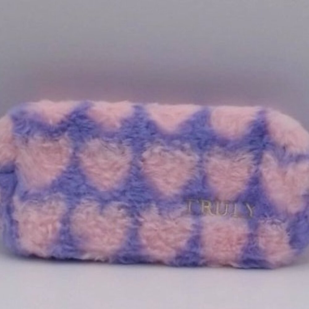 Truly Beauty Fuzzy Heart‎ Makeup Bag Cosmetic Pouch Pink Purple